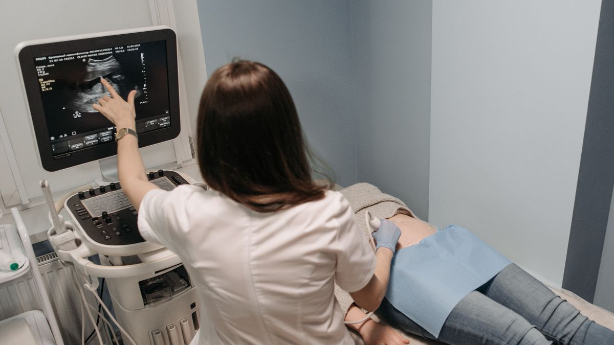 A clinician performing an abdominal ultrasound and pointing at the scan on the monitor