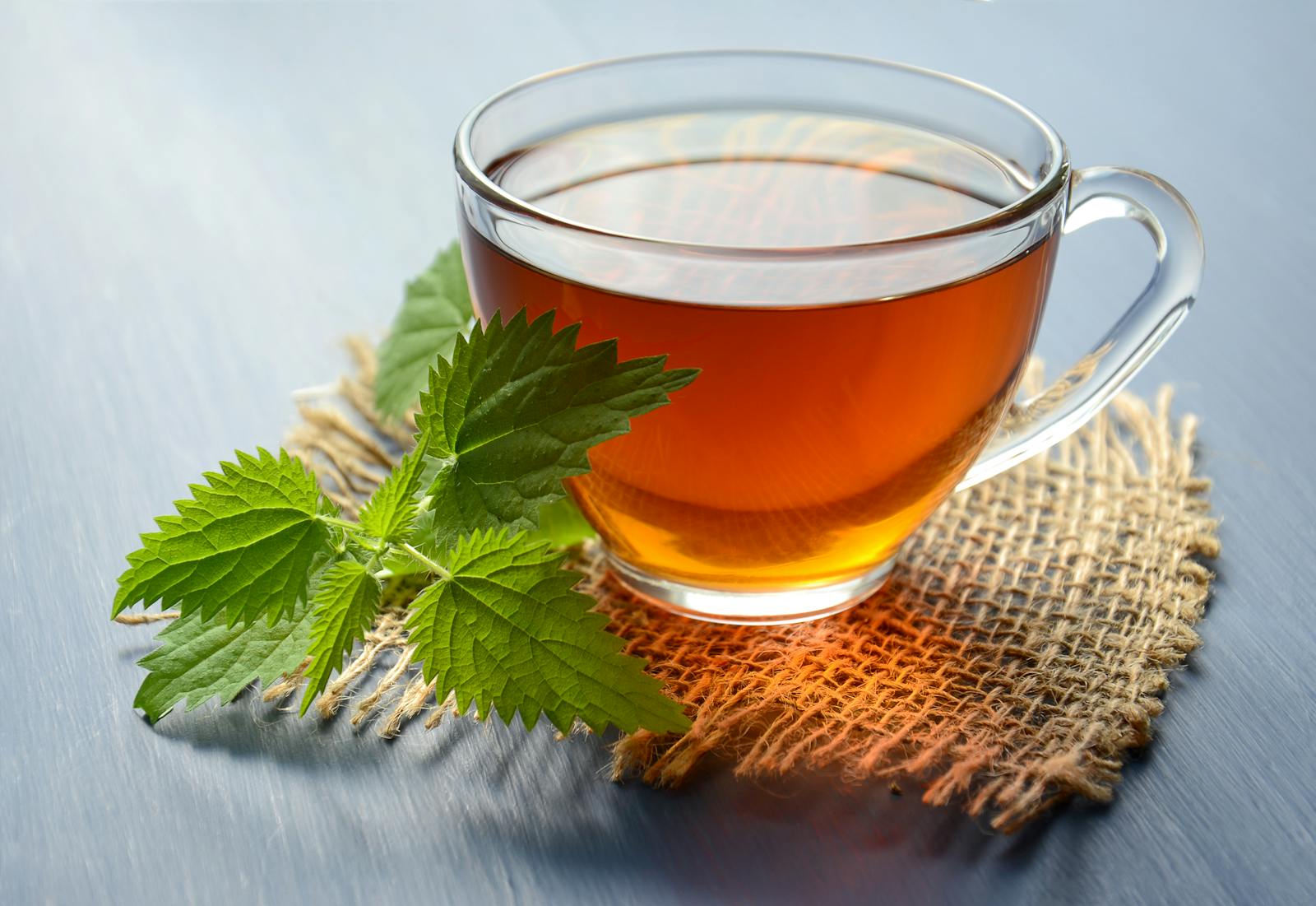 A clear glass cup of peppermint tea with fresh mint leaves resting on a table