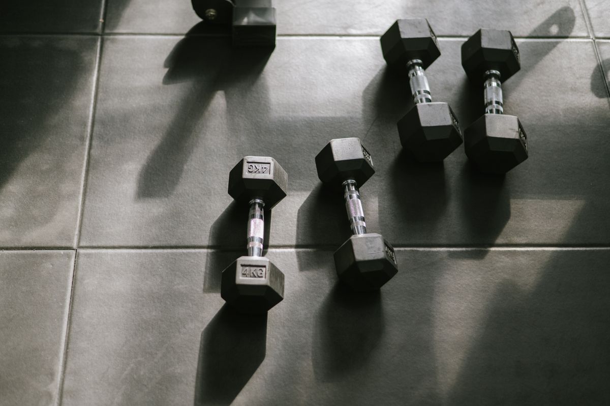 Hexagonal dumbbells arranged on a sunlit gym floor, casting long shadows